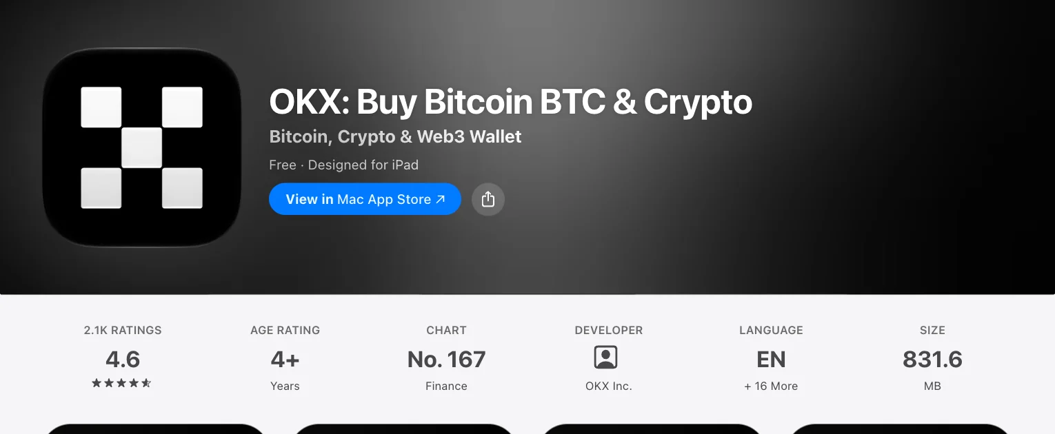 欧易 OKX 官方 App 在 App Store 的详情页，显示应用名称、开发者和评分