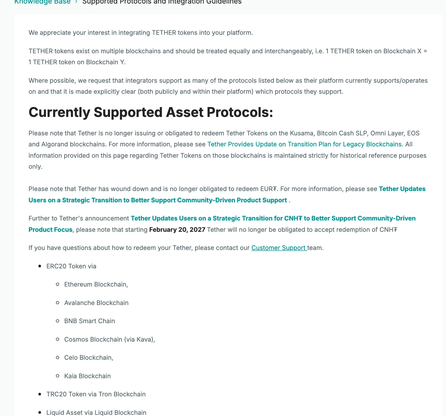 Tether 官网的支持网络页面，列出 USDT 当前支持的区块链协议
