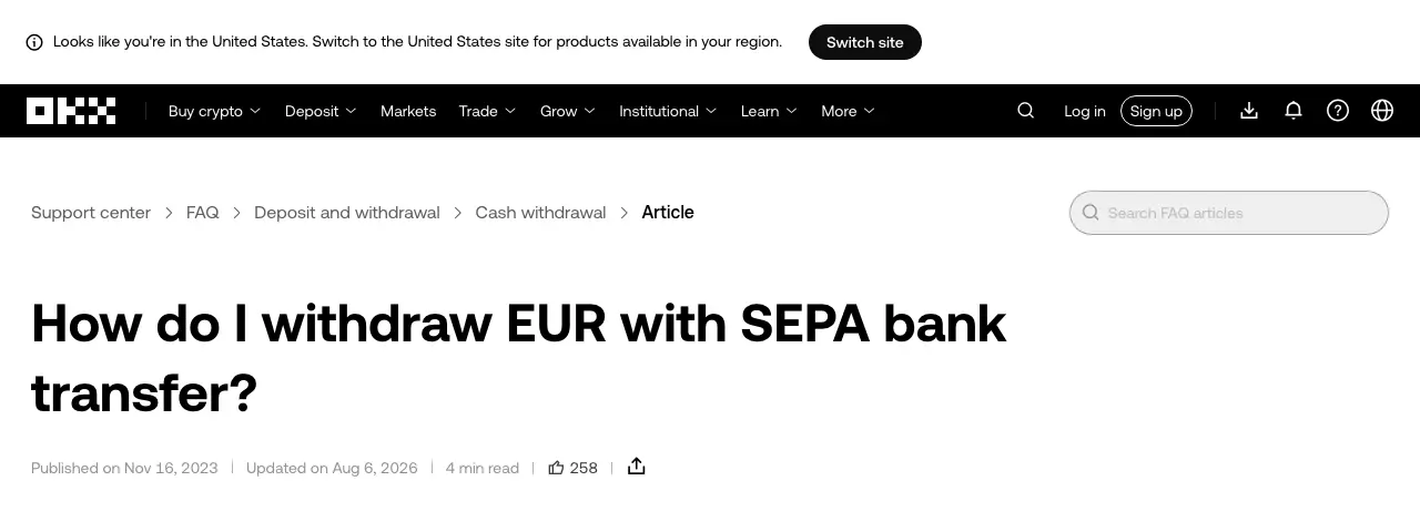 Page d'aide officielle d'OKX sur le retrait d'euros par virement SEPA