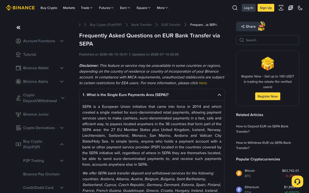 FAQ officielle de Binance sur le virement bancaire en euros via SEPA, avec la mention de disponibilité régionale